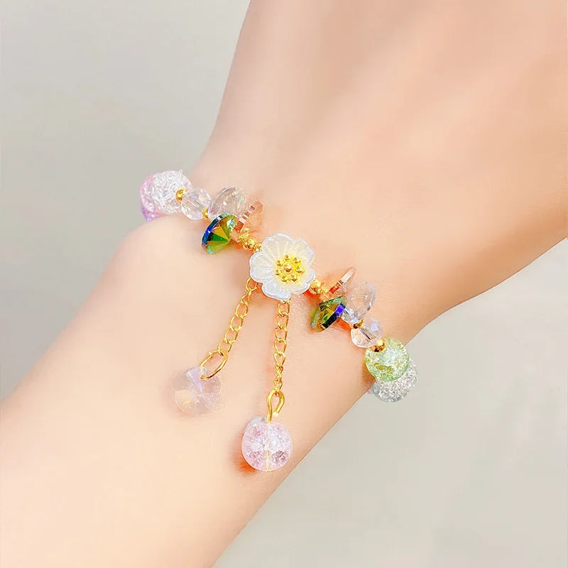 Korean New Sweet Daisy Flower Bracelet For Women Colorful Crystal Beaded Elastic Rope Bracelets Girl Party Wedding Jewelry Gifts Good Vibrations