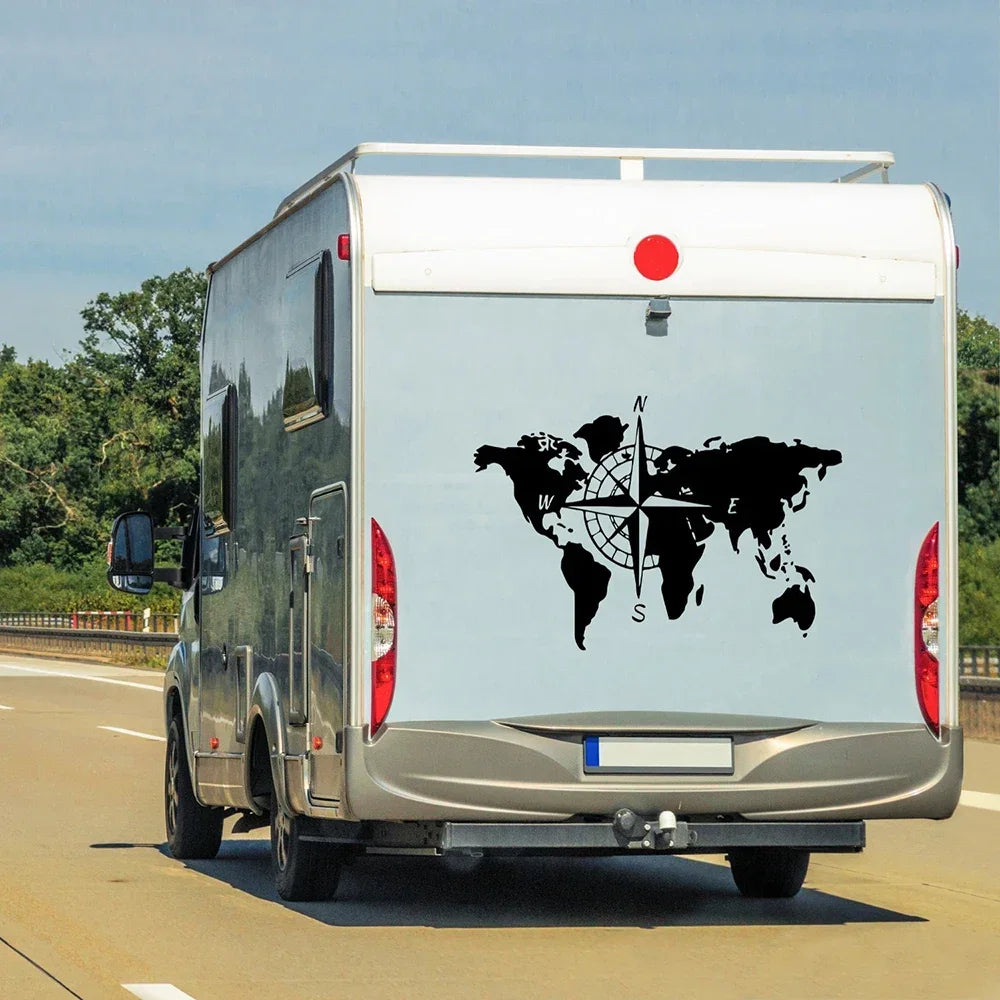World map compass RV self-adhesive sticker, travel exploration RV, RV, truck, car beauty, scratch cover Good Vibrations