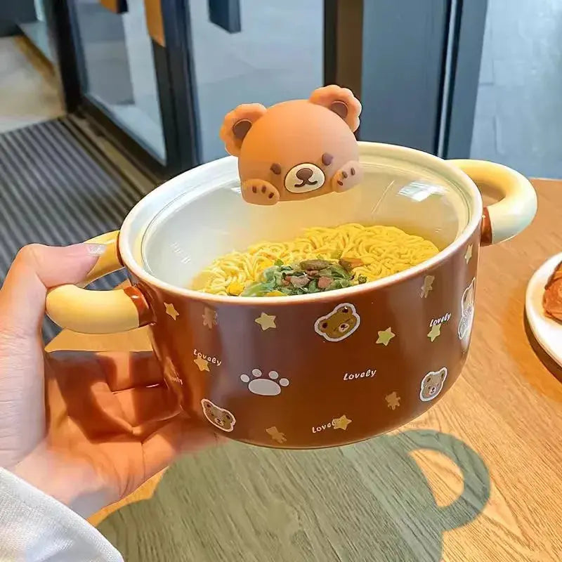 Kawaii Bear Jumbo Ramen Bowl With Lid Kitchen Tableware Cute Japanese Ceramics Instant Noodles Fruit Salad Soup Bowl Gift 750ml Good Vibrations