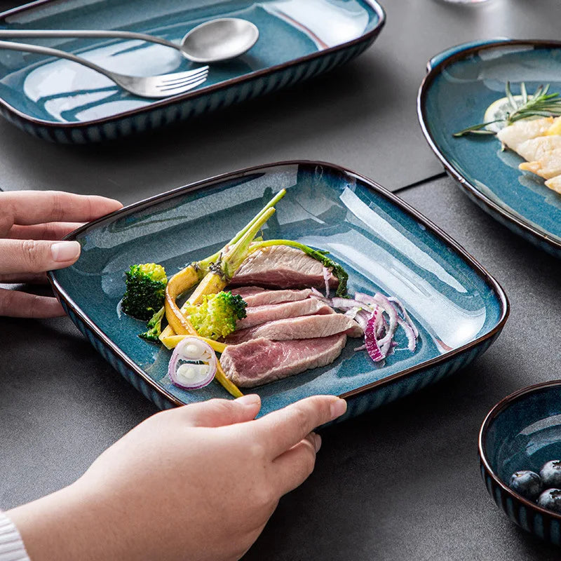 Blue Kiln Glazed Ceramic Plates, Microwaveable Dinner Plates, Round Rice Salad Bowls, Household Tableware Good Vibrations