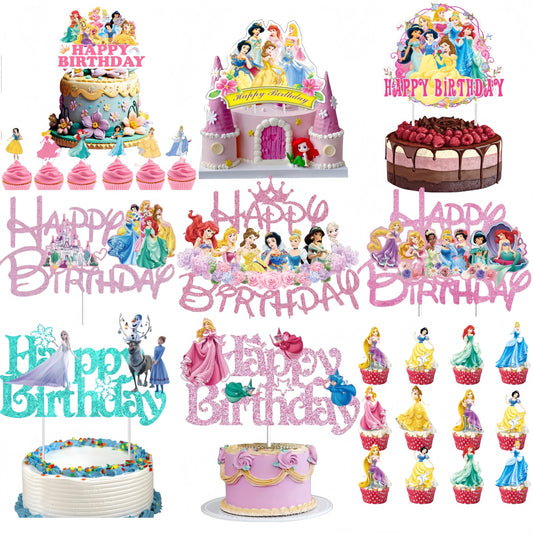 Princess Cake Toppers for Girls Birthday Cake Decoration Cinderella Mermaid Rapunzel Cake Toppers Pink Glitter Cake Flag Good Vibrations