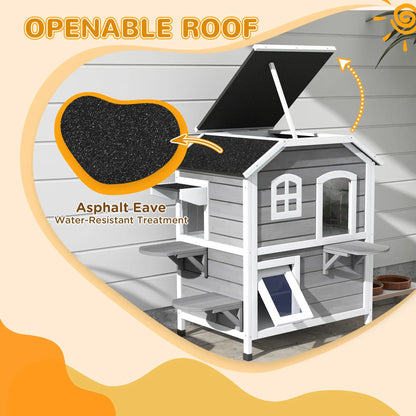 2-Story Grey Wooden Playhouse for Cats Feral Cat Shelter with Openable Asphalt Roof 4 Platforms Escape Door Outdoor Kitten Condo Good Vibrations