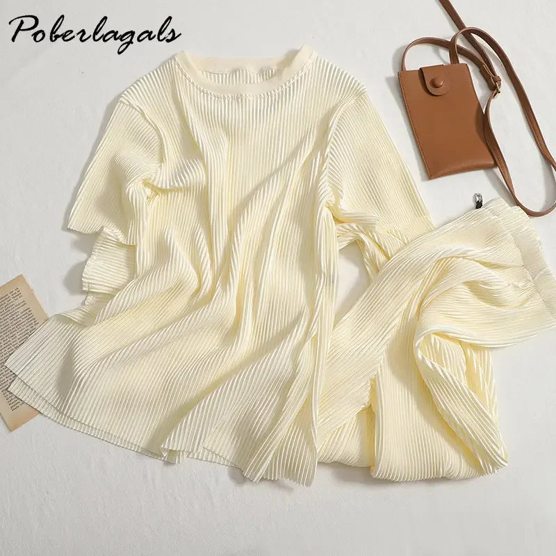 Two-piece Set Casual Pants Suit Female 2026 Summer New Temperament O Neck T-shirt  + High Waist Slit Wide Leg Pants Womens Good Vibrations