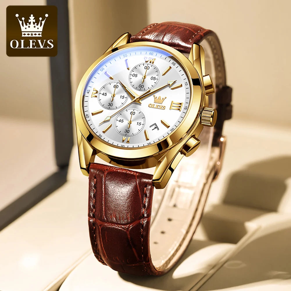 OLEVS 2872 Chronograph Men's Wristwatches Leather Strap Waterproof Luminous Original Quartz Watch for Men Luxury Sport Man Watch Good Vibrations