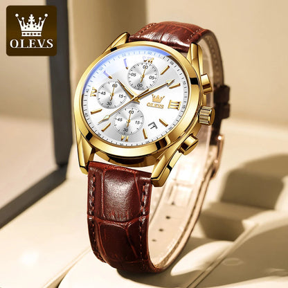 OLEVS 2872 Chronograph Men's Wristwatches Leather Strap Waterproof Luminous Original Quartz Watch for Men Luxury Sport Man Watch Good Vibrations