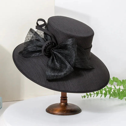 Elegant Wide Brim Black Hats For Women Big Bow Formal Occasion Kentucky Cap Lady Wedding Cocktail Party Flat Top Fedoras 2025 Good Vibrations