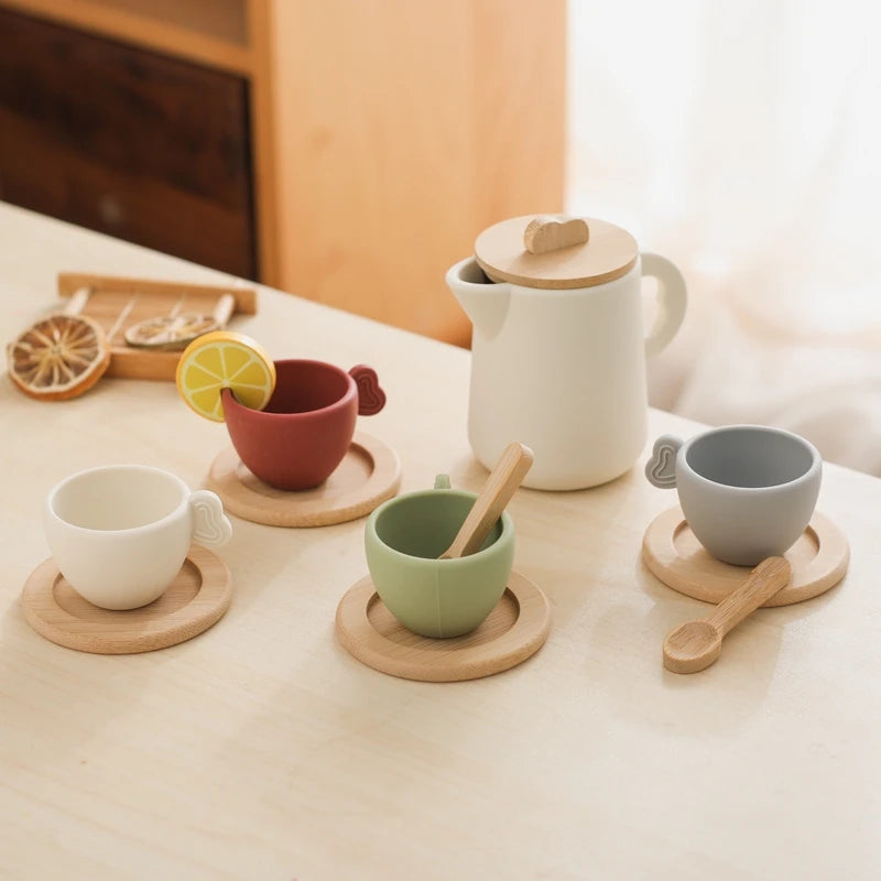 Wooden Montessori Toys Toddler Pretend Play Tea Party Set Silicone Teapot Cups Wood Tray Scoop Toys for Kids Birthday Gift Good Vibrations