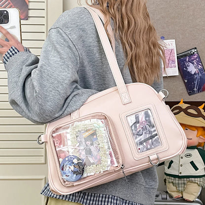 Anime Japanese Kawaii Shoulder Bag Women Clear Transparent Itabag PU Leather Handbags Student Ita Bag JK Uniform Tote Bag Good Vibrations
