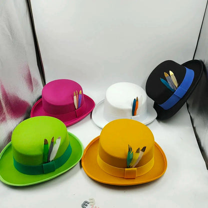 New High Quality Man Fedora Unisex Gentleman Cosplay Derby Bowler Hat British Shape Hat Autumn Magic Hat Feather Accessories Good Vibrations