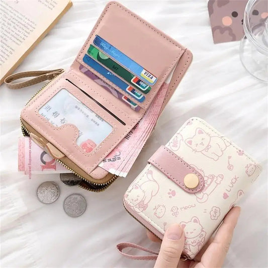 Cute Cat PU Leather Coin Purse Women Fashion Short Wallet Folding Zipper Wallet ID Card Holder Travel Lightweight Cash Coin Bags Good Vibrations