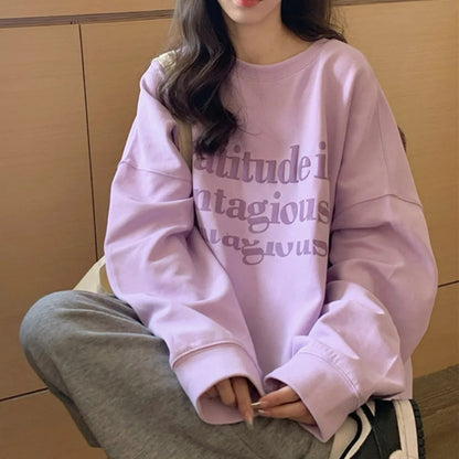 Women/Ladies/Girls Autumn Plus Velvet Letter Print Loose Long Sleeve Sweatshirt Fashion Pullover Casual Good Vibrations