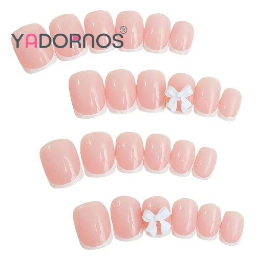 White French Press on Nails 3D Bowknot Fake Nails Tips Full Cover Wearable False Nails for Women and Girls DIY Manicure 24Pcs Good Vibrations