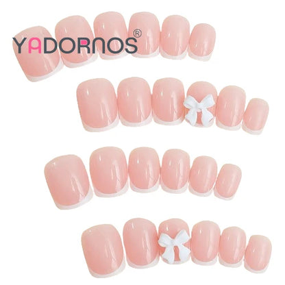 White French Press on Nails 3D Bowknot Fake Nails Tips Full Cover Wearable False Nails for Women and Girls DIY Manicure 24Pcs Good Vibrations