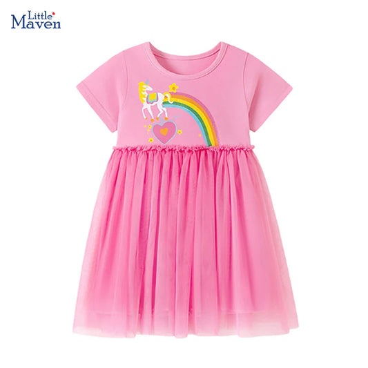 Little maven 2026 Summer Kids Clothes Baby Girls New Cartoon Rainbow Children's Clothing Birthday Mesh Dresses 2-7 Years Good Vibrations