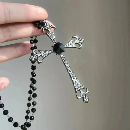 Gothic Cross Necklace for Women Men Vintage Long Layered Pendant Necklace Dark Aesthetic Choker Punk Y2K Jewelry Accessories Good Vibrations
