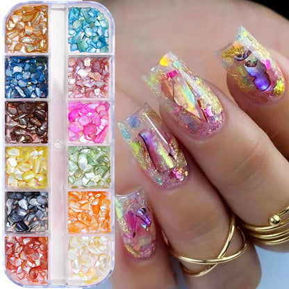 12Grid 3D Gold Ocean Rivet Nail Charms Mixed Seahorsea/Starfish /Conch Pearl/Mini Caviar Beads/Rhinestone Nail Jewery Decoration Good Vibrations