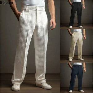 New 2025 Men's Elegant Waffle Suit Pants Solid Loose Straight Trousers Business Social Dress Pants Casual Vacation Pants for Men Good Vibrations
