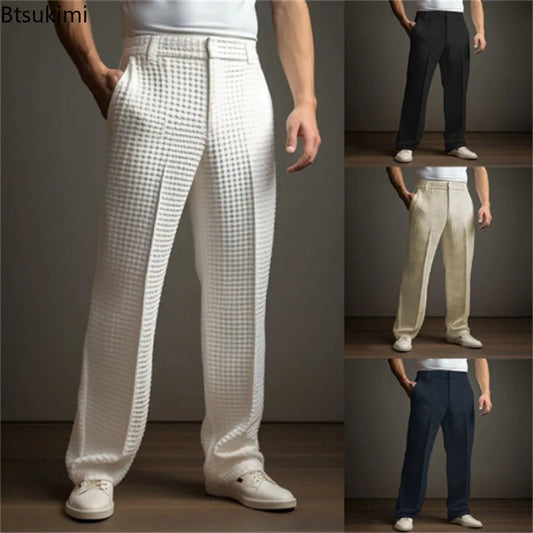 New 2025 Men's Elegant Waffle Suit Pants Solid Loose Straight Trousers Business Social Dress Pants Casual Vacation Pants for Men Good Vibrations