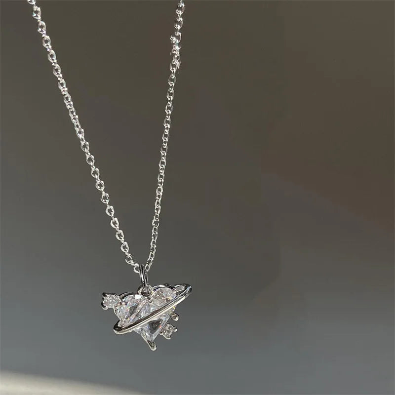 Y2K Pink Planet Heart Zircon Pendant Necklaces Women Fashion Aesthetic Clavicle Chain Necklace Valentines Day Gift Party Jewelry Good Vibrations