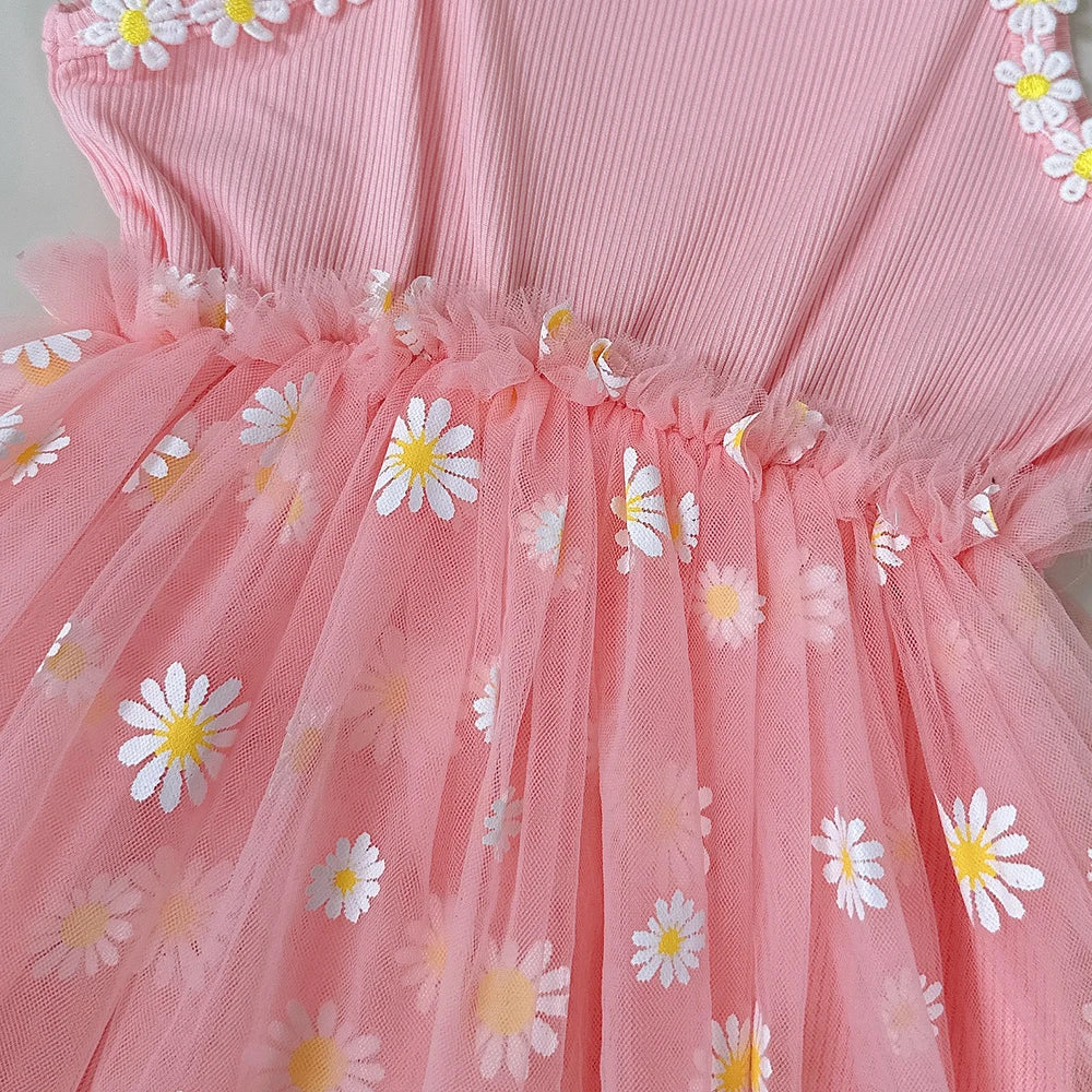 Summer Pink Cute And Cool Halter Dress Small Daisy Flower Mesh Puffy Princess Dress Children's Clothing Good Vibrations