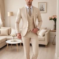 Beige Men Suits 3 Piece Fashion Notch Lapel Single Breasted Tuxedo Wedding Groom Chic Solid Casual Slim Office Male Suit Good Vibrations