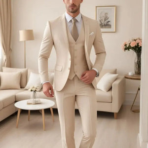 Beige Men Suits 3 Piece Fashion Notch Lapel Single Breasted Tuxedo Wedding Groom Chic Solid Casual Slim Office Male Suit Good Vibrations