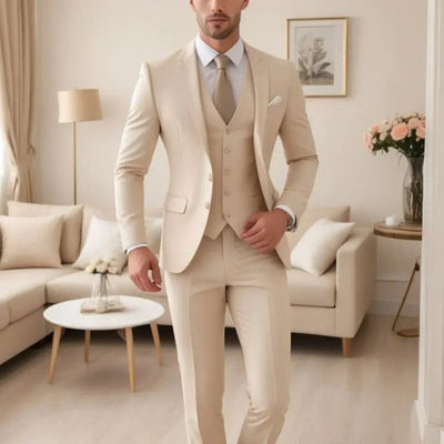 Beige Men Suits 3 Piece Fashion Notch Lapel Single Breasted Tuxedo Wedding Groom Chic Solid Casual Slim Office Male Suit