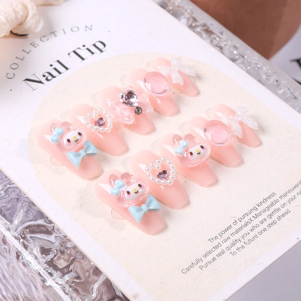 Sanrio Kawaii Pink My Melody Fake Nails 24Pc 3D kuromi Anime Cute Nail Patches False Nail Tips Cartoon Y2K Fashion Press on Nail Good Vibrations