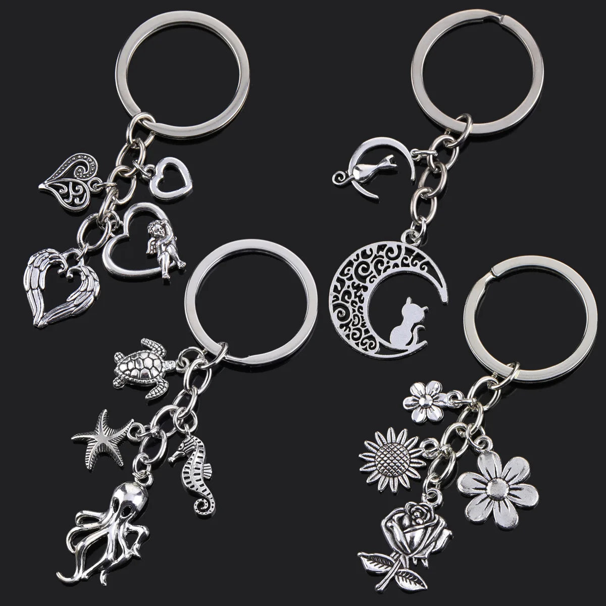 Fashion Animal Women Keychain Car Moon Cat Dog Love Heart Key Chain Friends Gift Jewelry Bag Pendant Wing Evil Eye Angel Turtles Good Vibrations