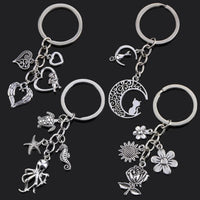 Fashion Animal Women Keychain Car Moon Cat Dog Love Heart Key Chain Friends Gift Jewelry Bag Pendant Wing Evil Eye Angel Turtles Good Vibrations