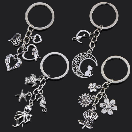 Fashion Animal Women Keychain Car Moon Cat Dog Love Heart Key Chain Friends Gift Jewelry Bag Pendant Wing Evil Eye Angel Turtles Good Vibrations