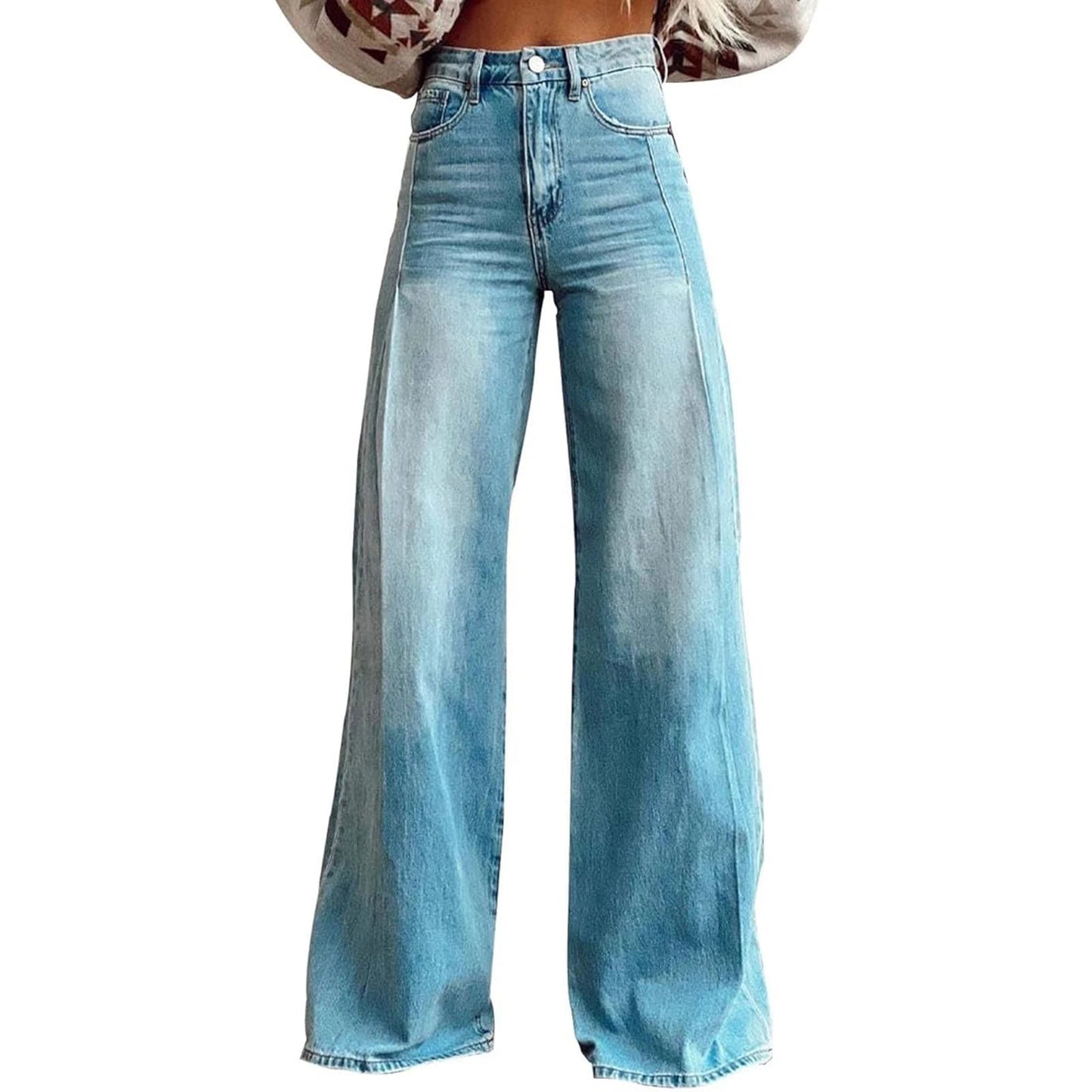 Summer Women's Large Hole Patchwork Jeans High Waist Wide Legs Trousers Cool Girl Casual Bottoms Female Denim Pants Good Vibrations