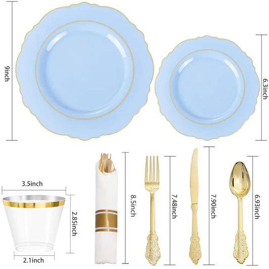 350Pcs Bule Plastic Plates - Disposable Bule And Gold Plates 50Guest Baroque Plastic Dinnerware Lude 100Plates, 50Pa Pre Rolled Good Vibrations