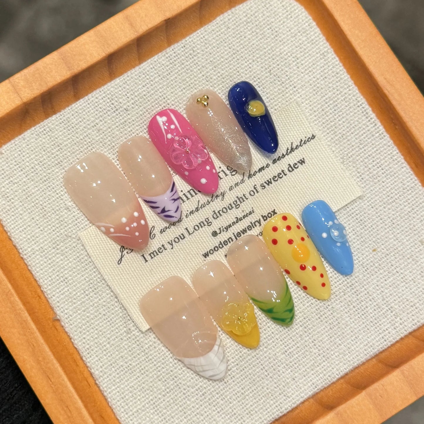 Handmade Press on Nails Ins Sweet Pink Blue Color Fake Nails for Girls Wearable 3D Cherry Love Star Korean Cute False Nail Tips Good Vibrations