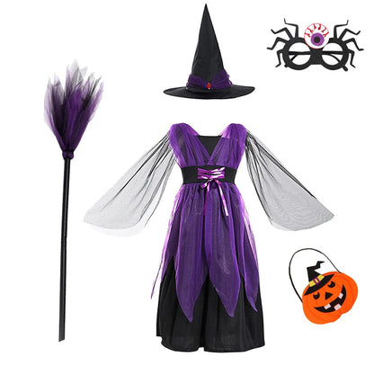Halloween Costume for Girls Witch Vampire Carnival Party Dress Up Trappings Kids Cosplay Clothes Purple Bat Suit Holiday Gifts Good Vibrations