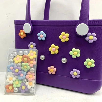 24Pcs Flowers and Pearls Charms for Bogg Bag Compatible with Women Rubber Beach Bag Tote Handbag Decoration Good Vibrations
