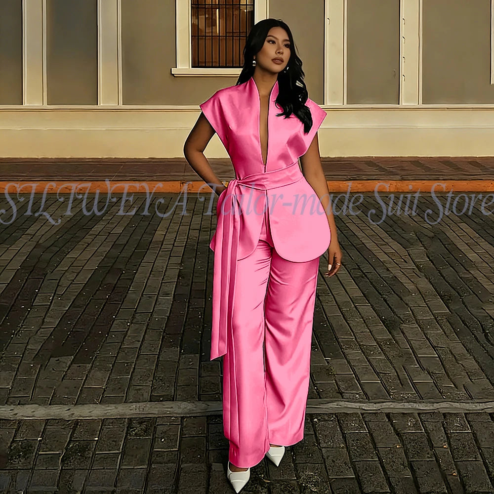 Modern Women Suits For Wedding Business Fashion 2 Pieces Sets Elegant Women's Sets Outfits Short Sleeves Jacket Pants Customized Good Vibrations