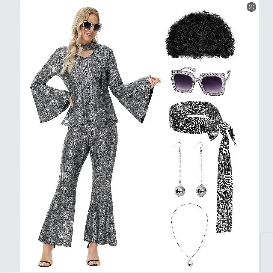 70s Women Disco Outfit Costume Disco Party Top Pants Sunglasses Ball Necklace Earring Wig for Halloween Easter Party Dress Up Good Vibrations