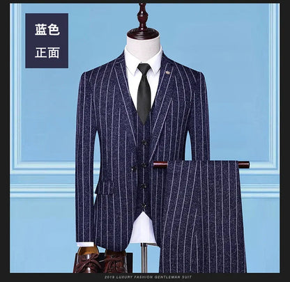 2025 Suit (suit + Vest + Trousers) Single Button Fashion Business Vertical Stripe Gentleman Suit Korean Suit Three-piece Suit Good Vibrations