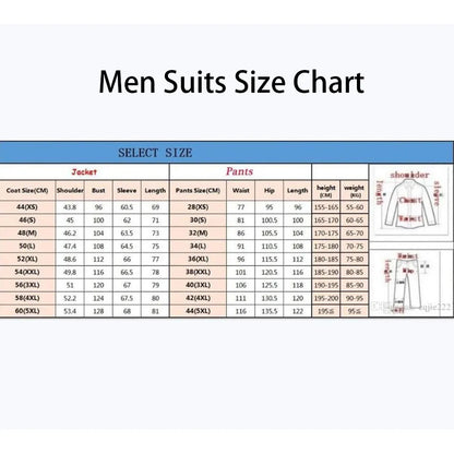 Men suits size chart with jacket and pants measurements for Elegant Couple Pink Suits luxury slim fit formal two-piece set