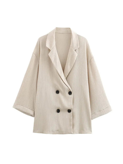 2024 Autumn Women Casual Blazer Coat Pants Set Long Sleeve Double Breasted Blazer + Wide Leg Trousers Lady Office Outfit Good Vibrations