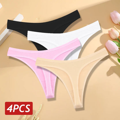 4PCS/Set Women Cotton Panties Seamless Low Rise Thongs V-Waist Solid Color Breathable Underwear Female Soft Lingerie Intimates Good Vibrations