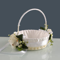 Elegant country-style wedding flower girl basket, decorated with green leaves and bows, suitable for ceremonies and photography Good Vibrations