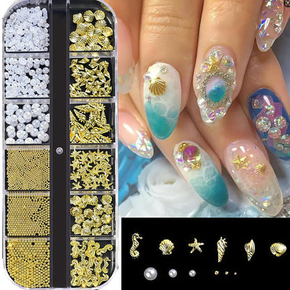 12Grid 3D Gold Ocean Rivet Nail Charms Mixed Seahorsea/Starfish /Conch Pearl/Mini Caviar Beads/Rhinestone Nail Jewery Decoration Good Vibrations