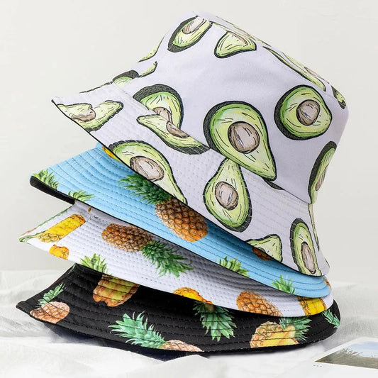 Hot Sale Unisex Bucket Hats Summer Double-sided Wear Fruit Printing Women Cap Outdoor Sun Hat Men Classic Panama Bucket Hat Good Vibrations