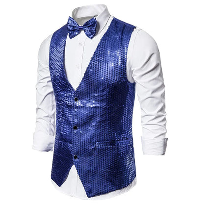 Gold Men's Sequin Vest Jacket, Single-breasted V-neck Sleeveless Vests Coat, Wedding Party Waistcoat Silver Blue Purple Red Tops