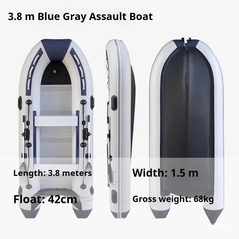 5–6 Person Inflatable Assault Boat 3.8m PVC Fishing Raft with Aluminum Floor, Anti-Collision Design & Rowing Accessories Good Vibrations
