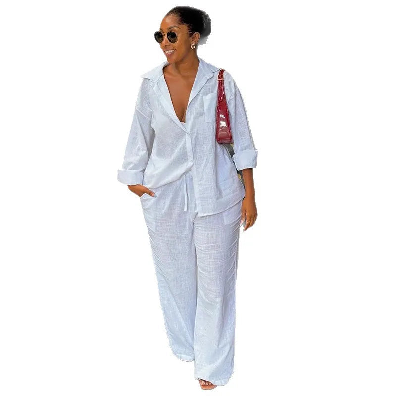 Solid Women Pant Sets Two Pieces Matching Set Elastic Waist Wide Leg Pants Long Sleeves Shirt Loose Elegant Casual 2025 Spring Good Vibrations