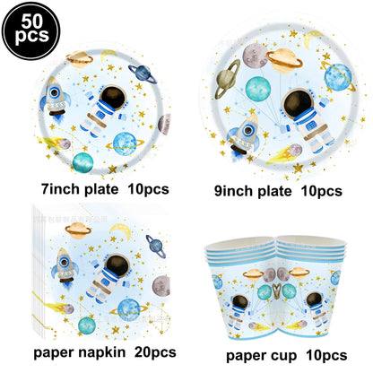 Blue Galaxy Space Disposable Plates Napkins Cups Outer Space Theme Party Tableware for Boys Astronaut Theme Birthday Decorations Good Vibrations