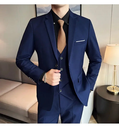 Suit (suit +Vest+Pants) Formal Business Men Four Seasons Professional Fashion Gentleman Solid Color Outdoor British Style Suit
